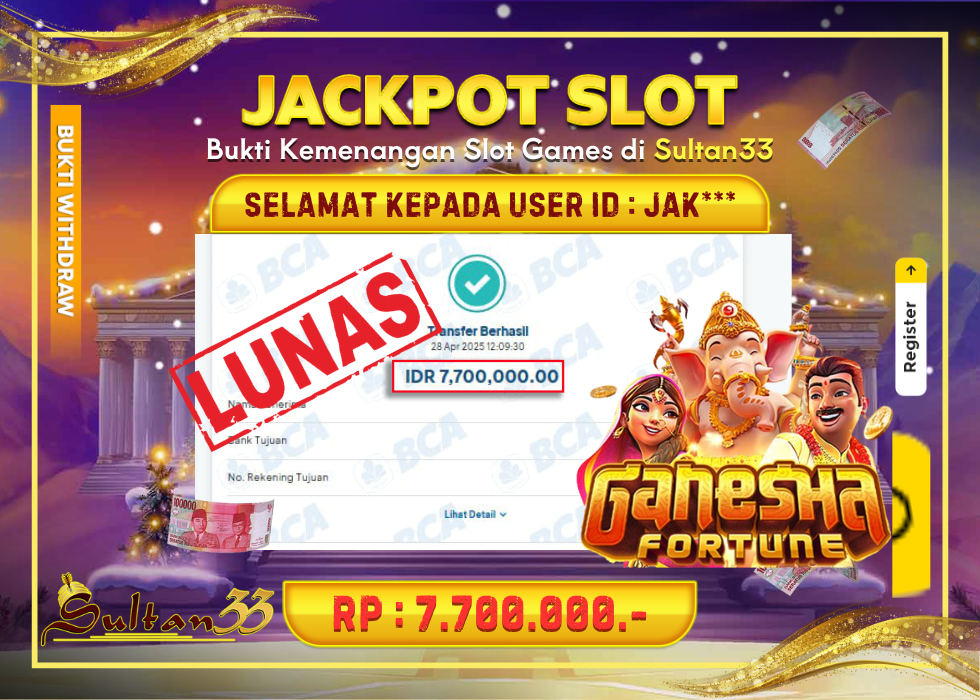 JACKPOT SLOT PG SOFT GANESHA FORTUNE RP.7.700.000,- LUNAS DI SULTAN33!