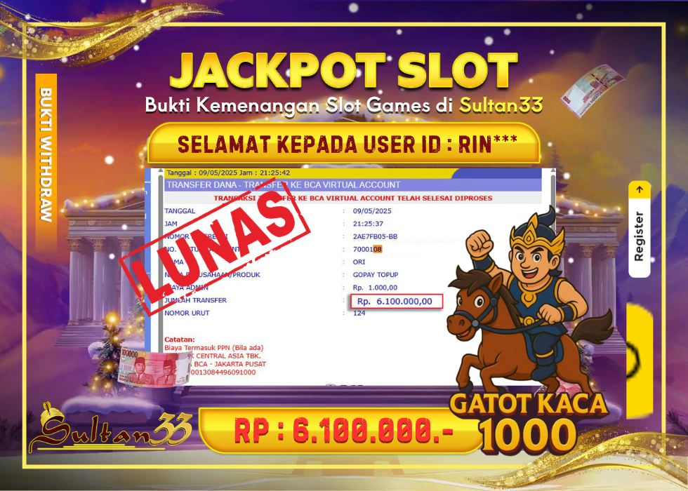JACKPOT SLOT PRAGMATIC PLAY GATOT KACA 1000 RP.6.100.000,- LUNAS DI SULTAN33!