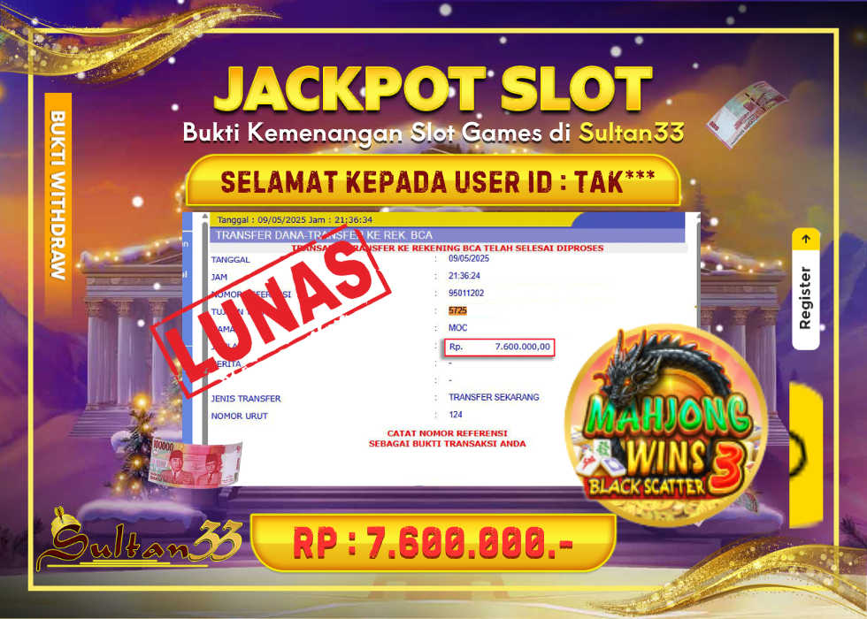 JACKPOT SLOT PRAGMATIC PLAY MAHJONG WINS 3 RP.7.600.000,- LUNAS DI SULTAN33!